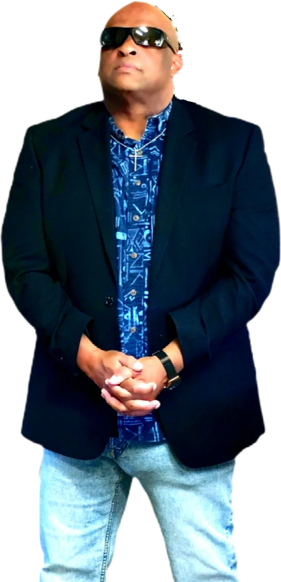 Vinn, host of VinnDoggradio, in a navy blazer and sunglasses